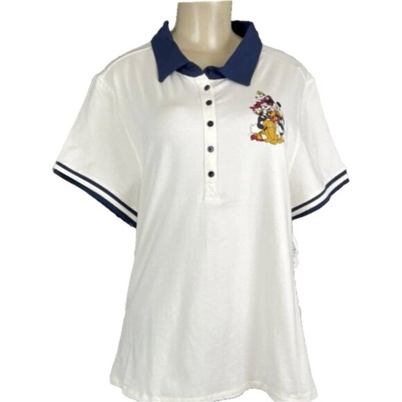 Disney +2 Off-White Mickey & Friends Graphic Navy Trim Short Sleeve Polo Shirt - Picture 2 of 6